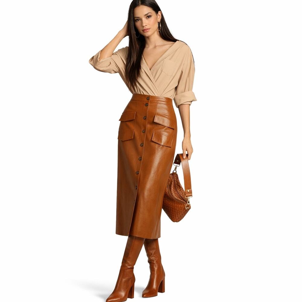 NWT Mare Mare x Anthropologie Faux Leather Midi Skirt Women L Brown Button Front